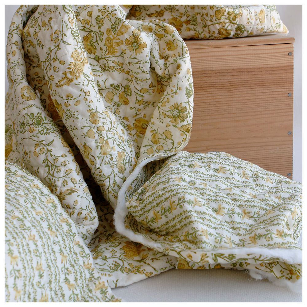 Karishma jaune - Tissu indien matelassé double face coton hand block largeur 100cm