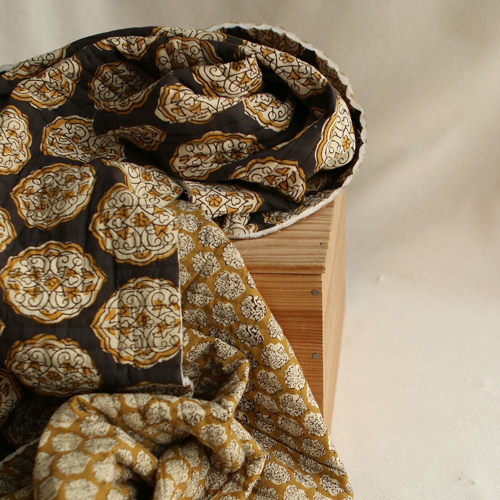 copy of Nisha & rayures - Tissu indien matelassé double face coton hand block teal largeur 100cm