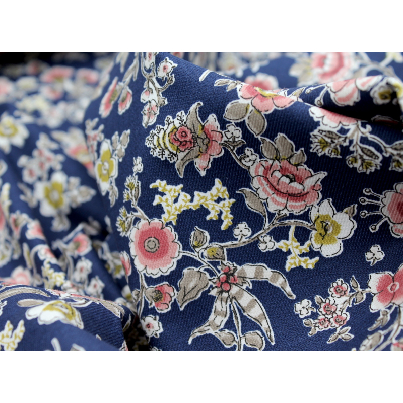 Tissu twill de coton organique imprimé fleuri bleu marine