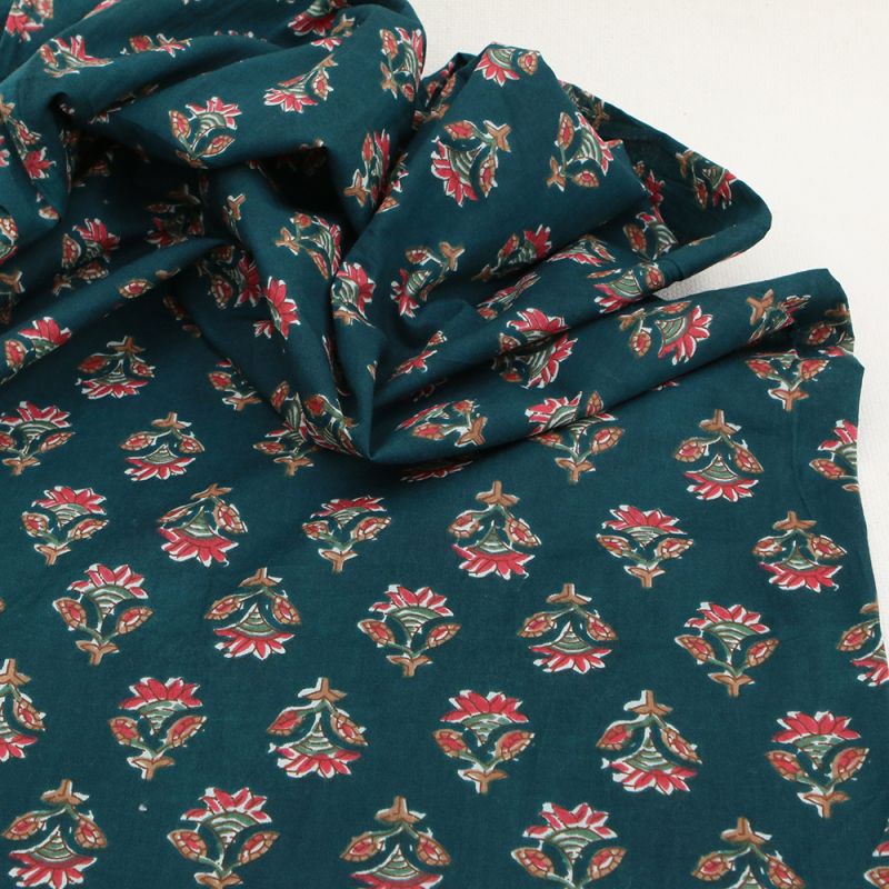 Tissu indien coton hand block traditionnel bleu canard