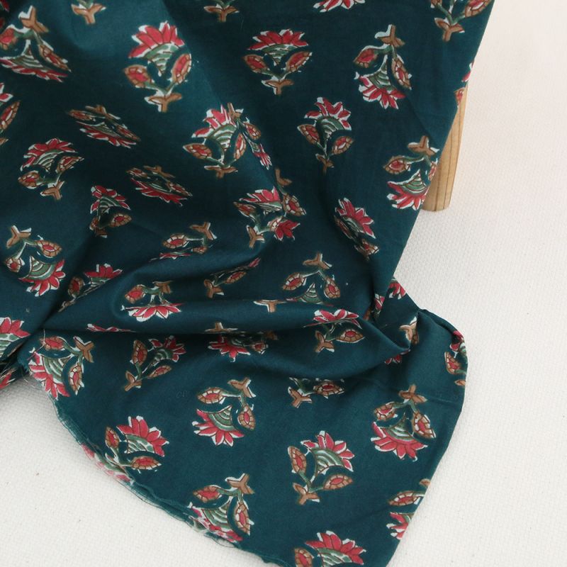 Tissu indien coton hand block traditionnel bleu canard