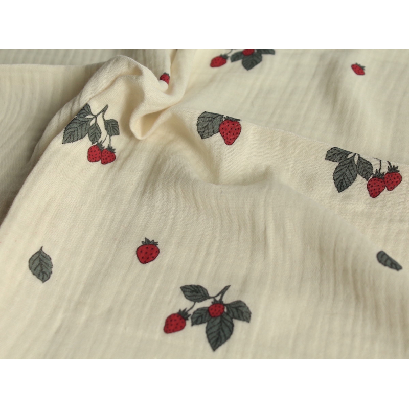 Double gaze de coton BIO écru motif exclusif fraises