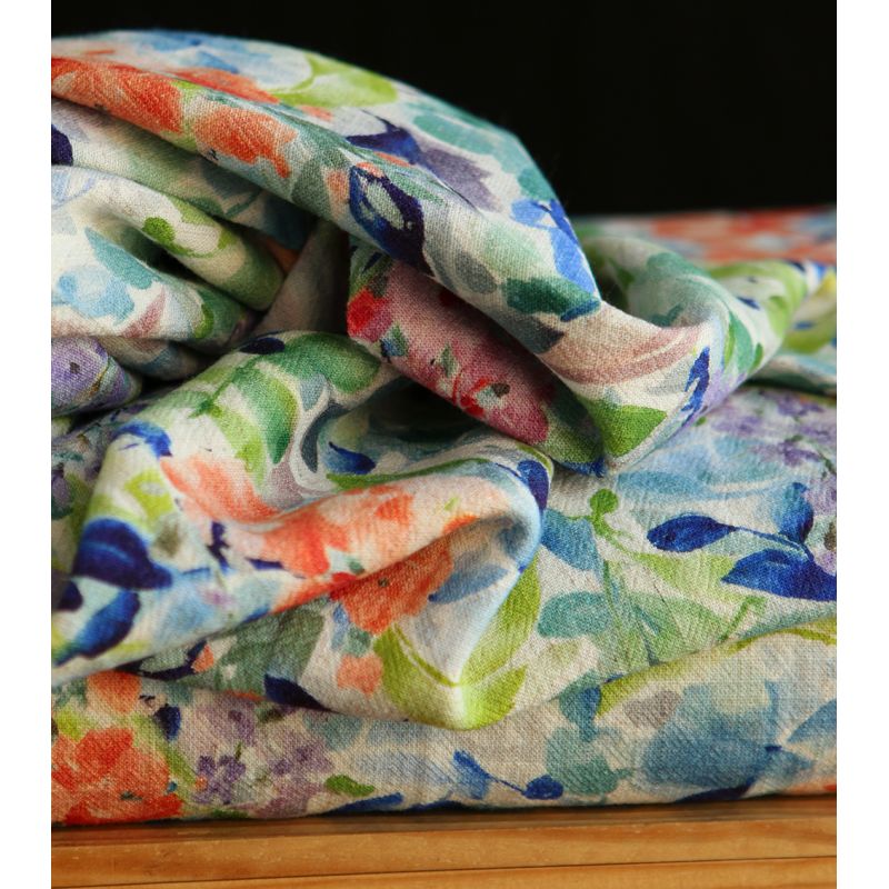 Crêpe lin et viscose imprimé fleuri bleu et vert