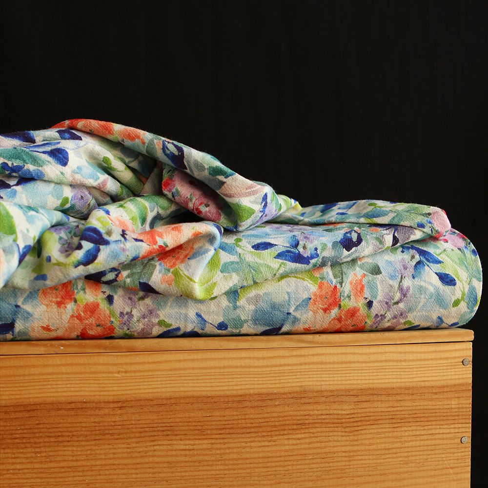 Crêpe lin et viscose imprimé fleuri bleu et vert