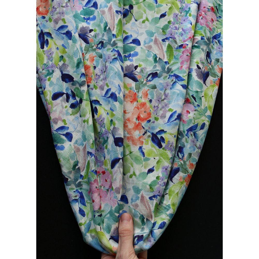 Crêpe lin et viscose imprimé fleuri bleu et vert