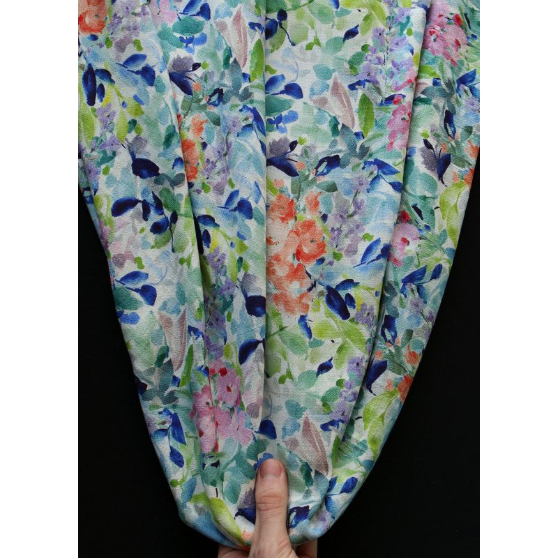 Crêpe lin et viscose imprimé fleuri bleu et vert