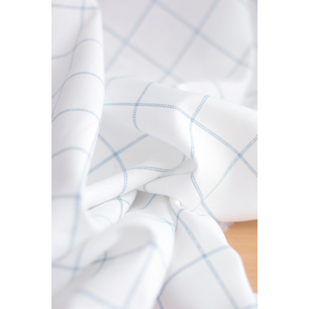 Tissu lin coton fond blanc lait quadrillage bleu horizon