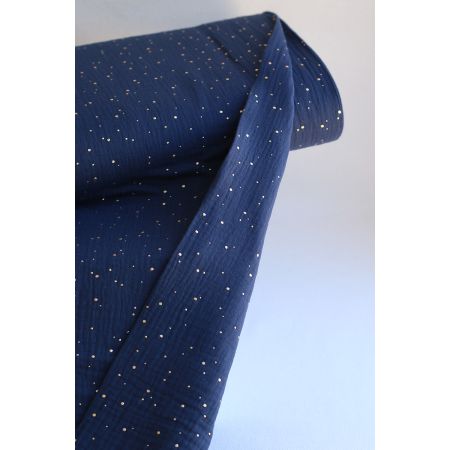 Double gaze de coton pois dorés fond bleu marine