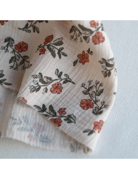 Lina - Double gaze de coton fond crème motif fleuri