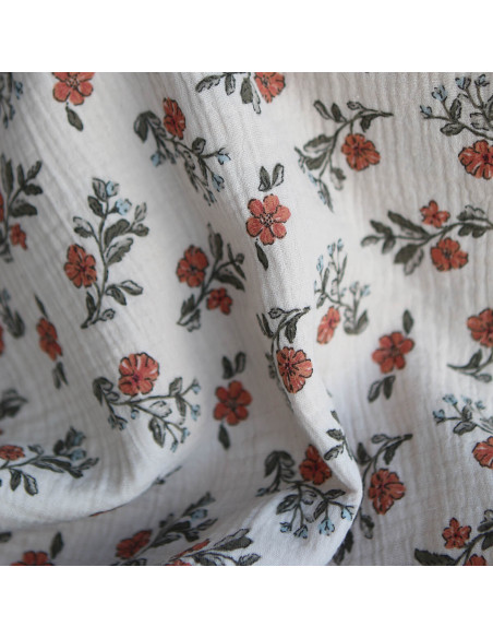Lina - Double gaze de coton fond crème motif fleuri