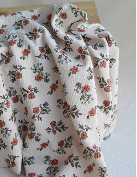 Lina - Double gaze de coton fond crème motif fleuri