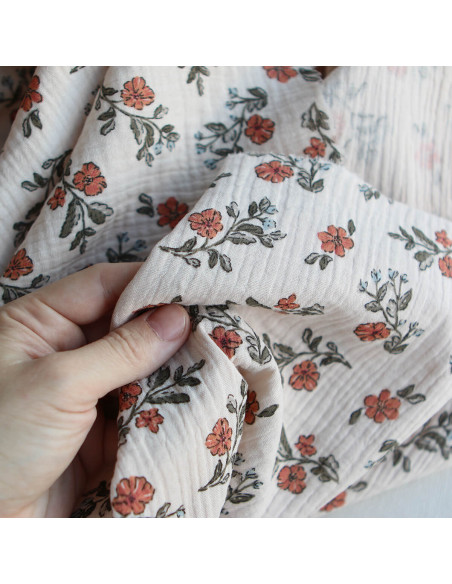 Lina - Double gaze de coton fond crème motif fleuri
