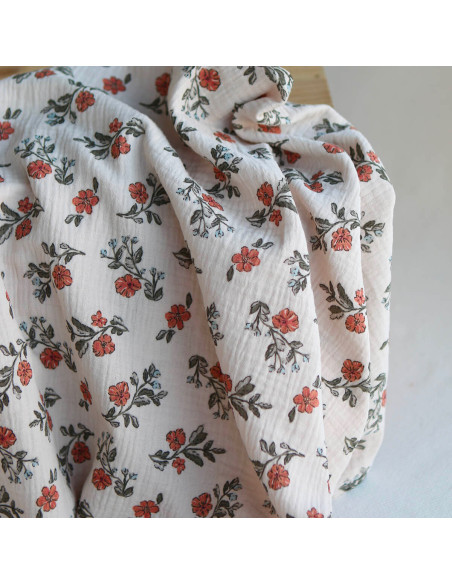 Tissu double gaze coton motif fleuri lina crème motif fleuri oeko-tex