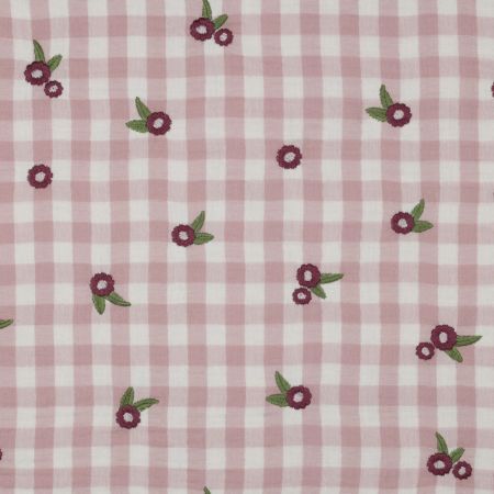 Elvina - Double gaze de coton brodée vichy mauve broderie fleur