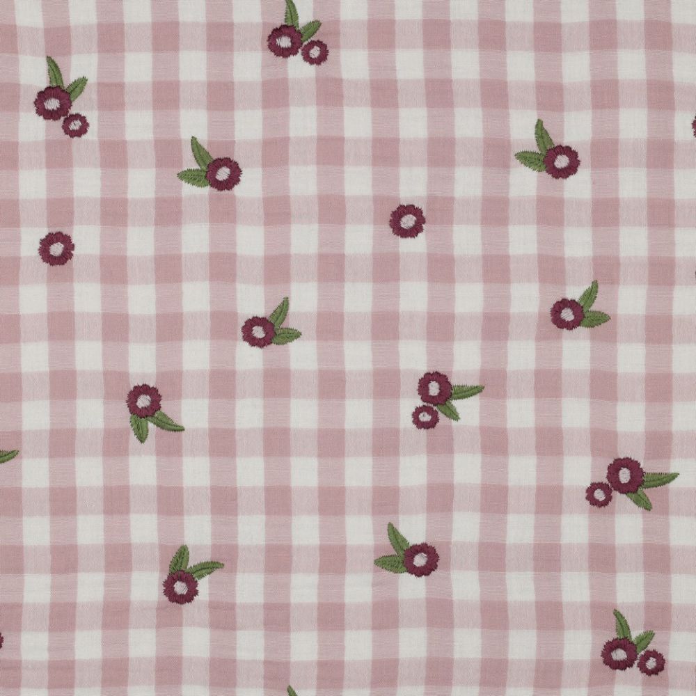 Elvina - Double gaze de coton brodée vichy mauve broderie fleur