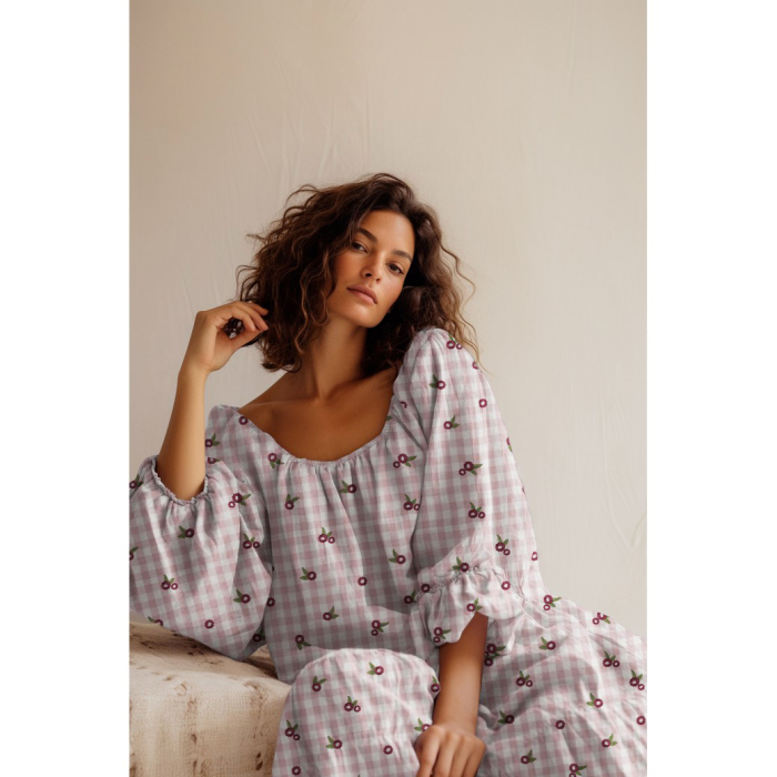 Elvina - Double gaze de coton brodée vichy mauve broderie fleur