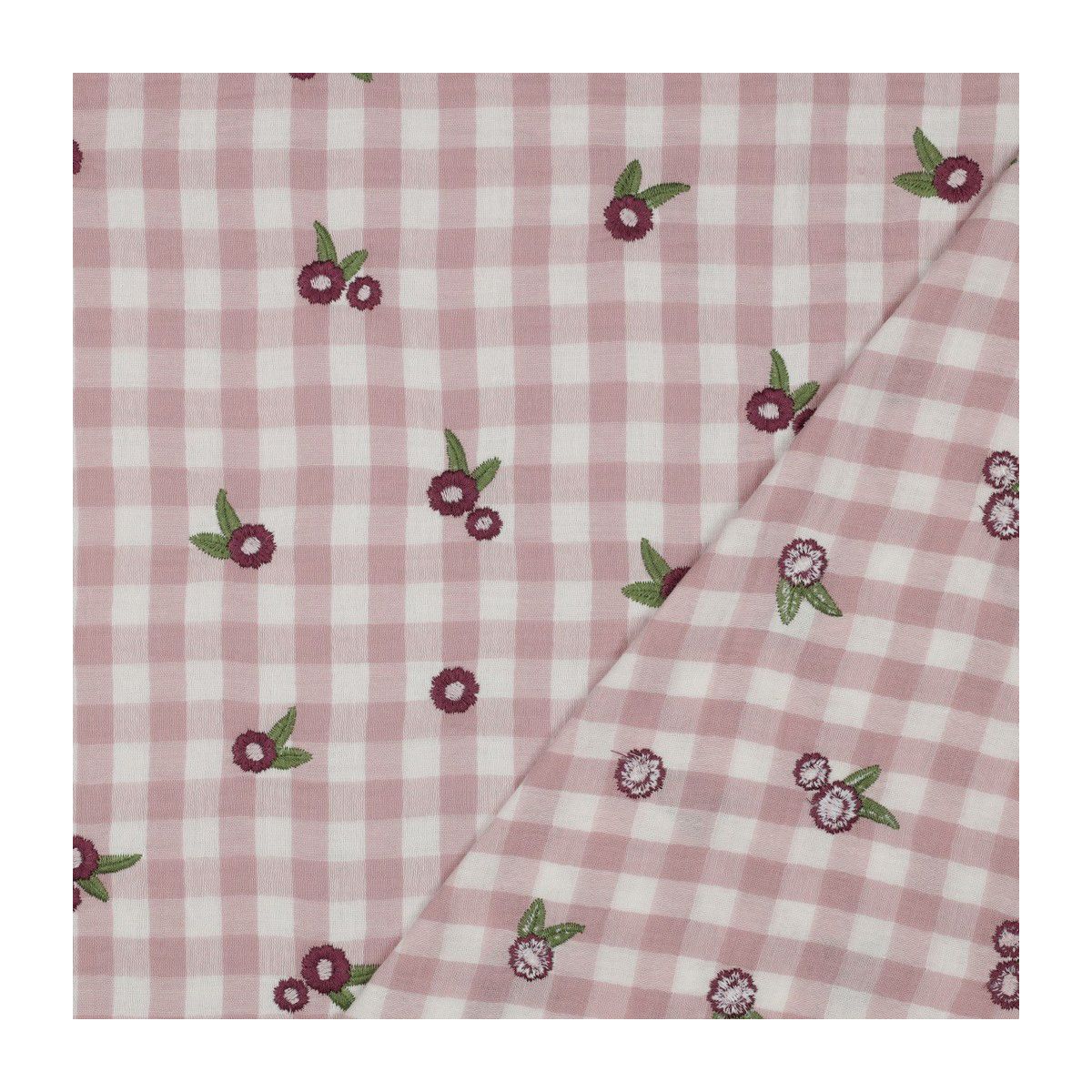 Elvina - Double gaze de coton brodée vichy mauve broderie fleur