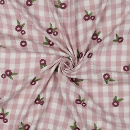 Elvina - Double gaze de coton brodée vichy mauve broderie fleur