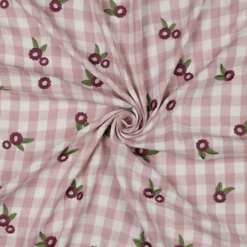 Elvina - Double gaze de coton brodée vichy mauve broderie fleur