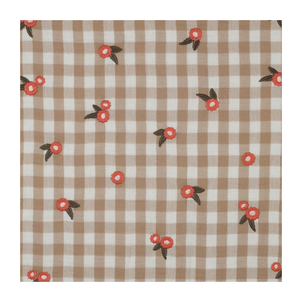 Elvina - Double gaze de coton brodée vichy beige broderie fleur