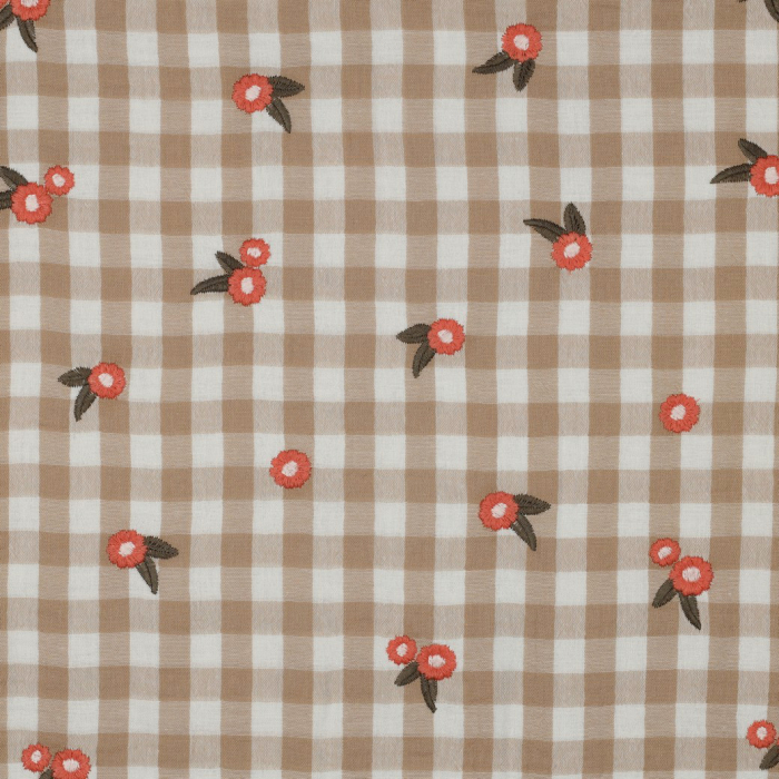 Elvina - Double gaze de coton brodée vichy beige broderie fleur