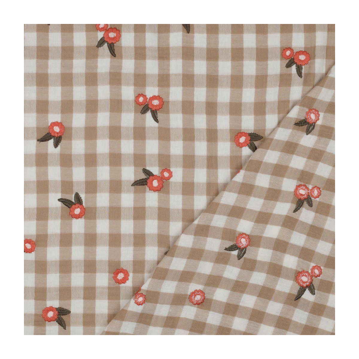 Elvina - Double gaze de coton brodée vichy beige broderie fleur