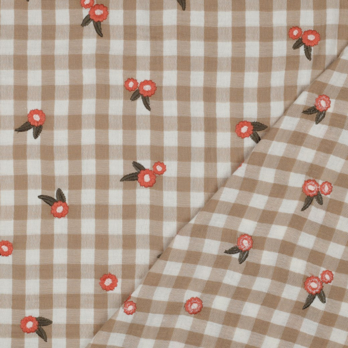 Elvina - Double gaze de coton brodée vichy beige broderie fleur