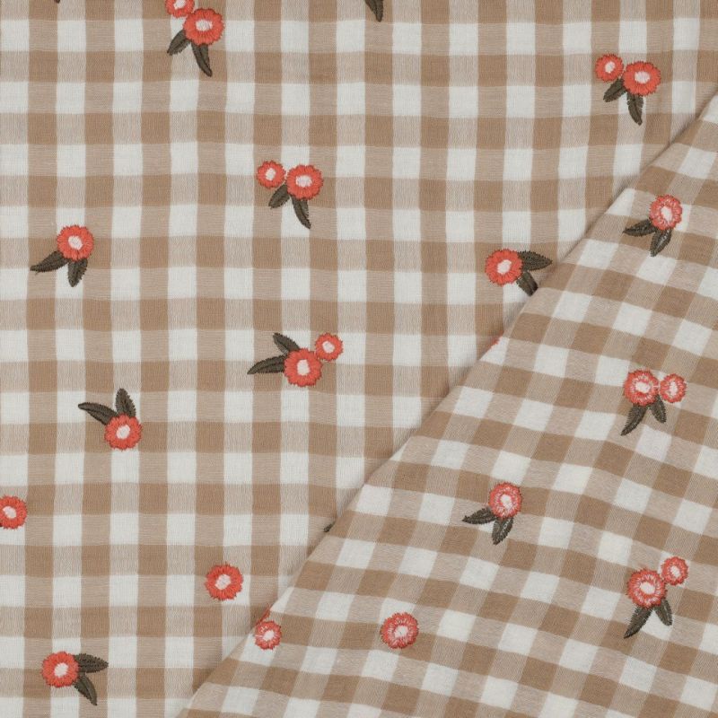 Elvina - Double gaze de coton brodée vichy beige broderie fleur