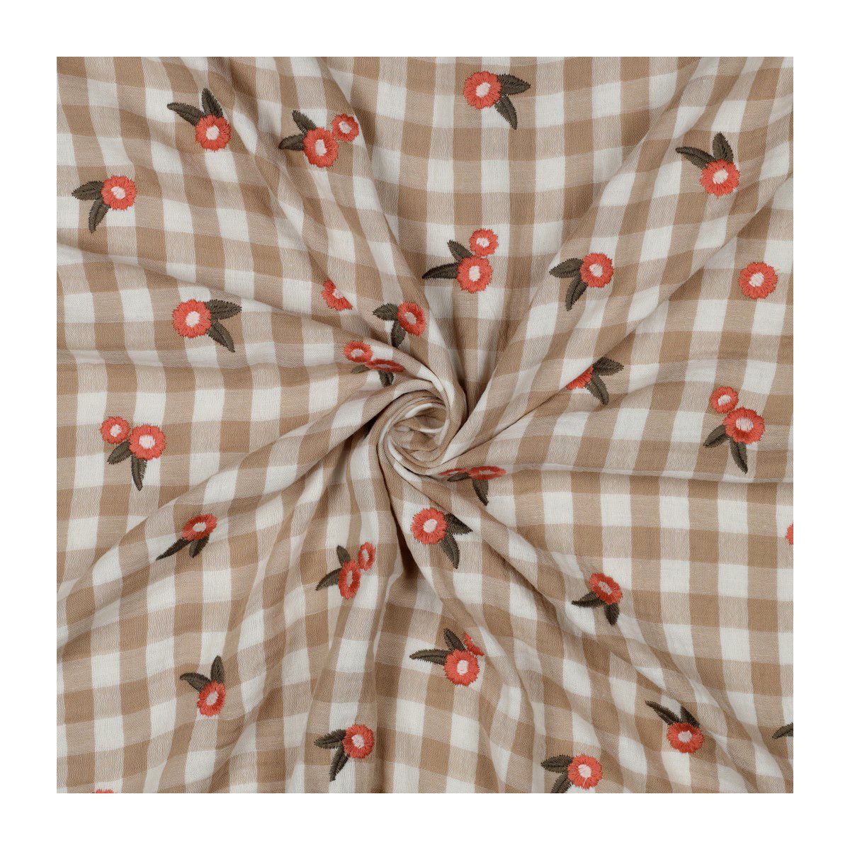 Elvina - Double gaze de coton brodée vichy beige broderie fleur