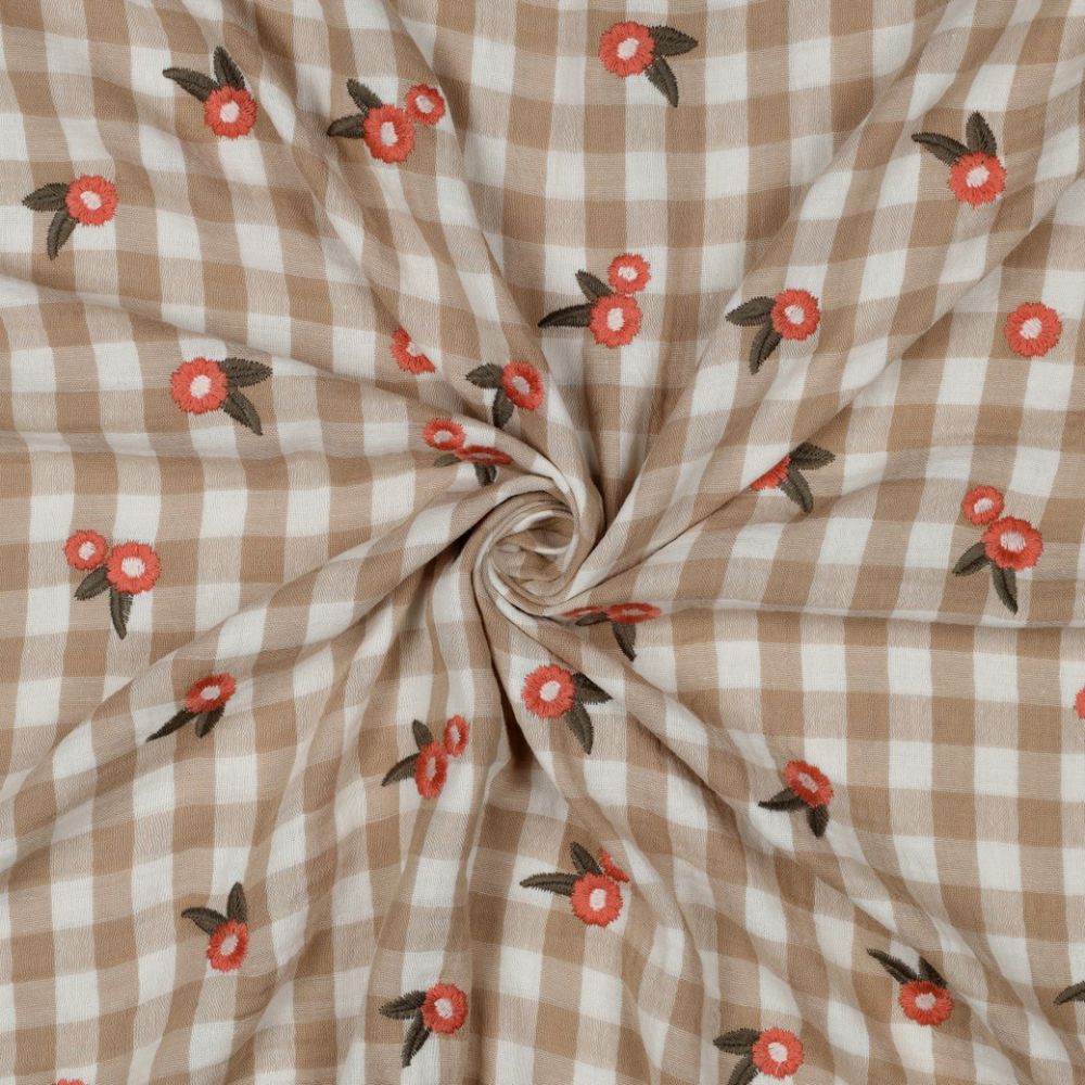 Elvina - Double gaze de coton brodée vichy beige broderie fleur