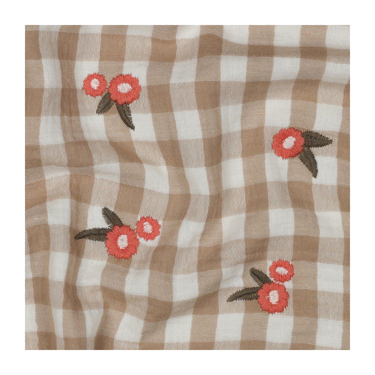 Elvina - Double gaze de coton brodée vichy beige broderie fleur