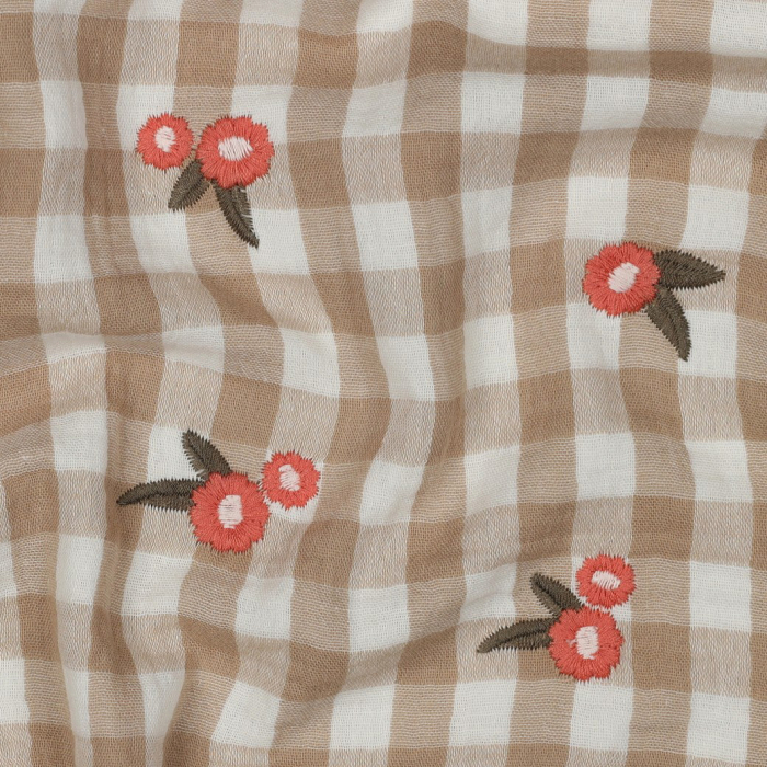 Elvina - Double gaze de coton brodée vichy beige broderie fleur