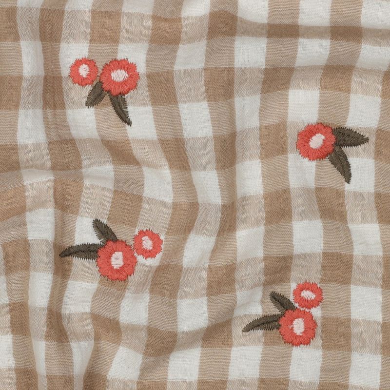 Elvina - Double gaze de coton brodée vichy beige broderie fleur