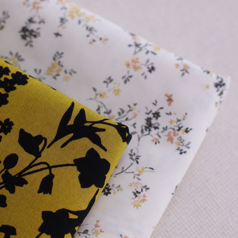 Coline - Popeline douce coton organique fleuri noir moutarde