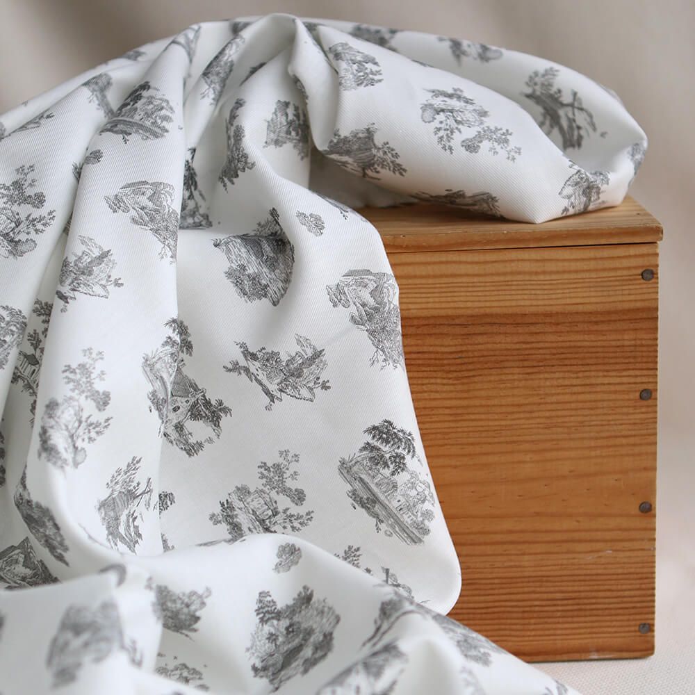 Luce - Tissu sergé / twill de coton organique imprimé toile jouy gris