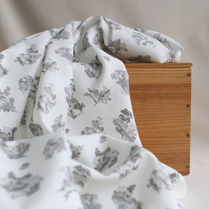 Luce - Tissu sergé / twill de coton organique imprimé toile jouy gris