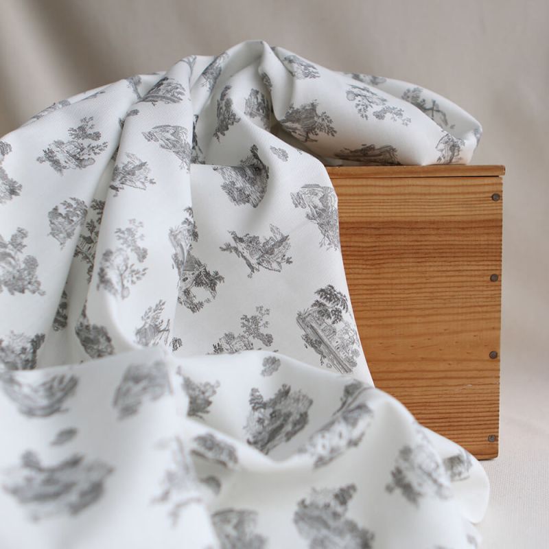 Luce - Tissu sergé / twill de coton organique imprimé toile jouy gris