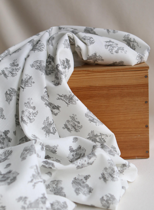 Luce - Tissu sergé / twill de coton organique imprimé toile jouy gris