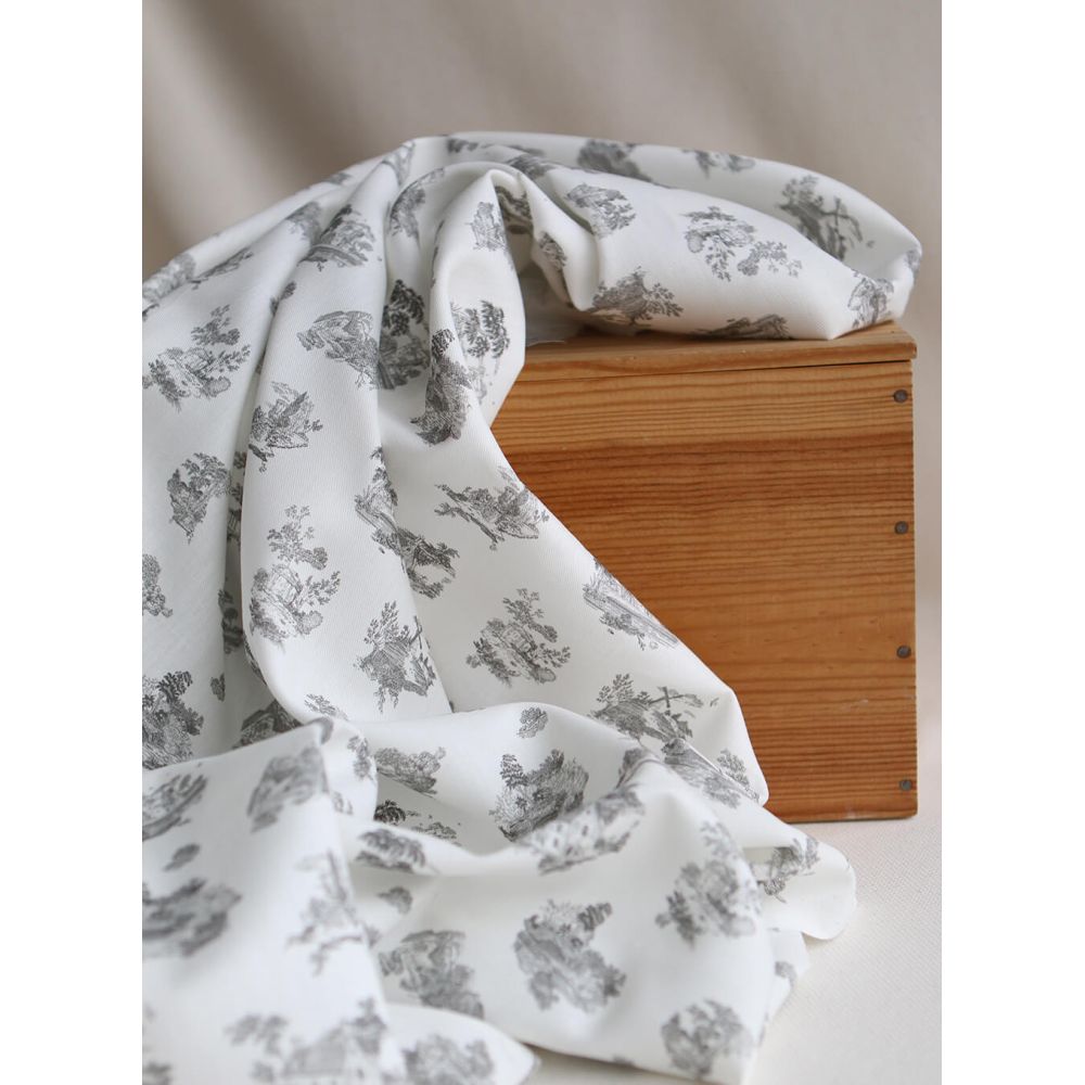 Luce - Tissu sergé / twill de coton organique imprimé toile jouy gris