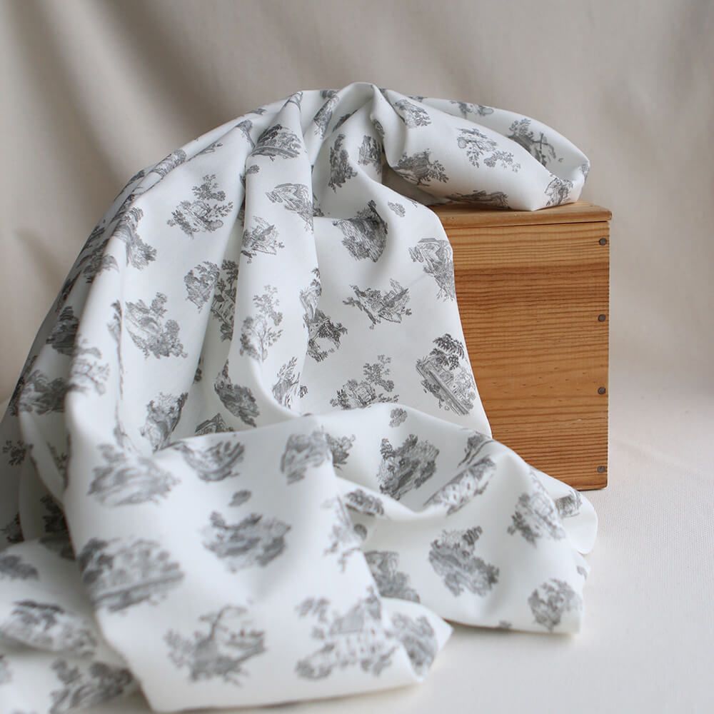 Luce - Tissu sergé / twill de coton organique imprimé toile jouy gris