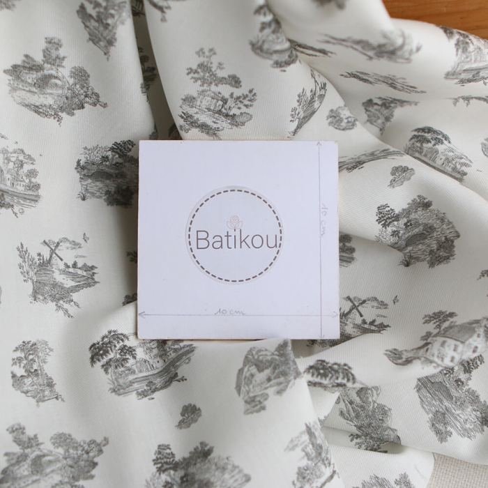Luce - Tissu sergé / twill de coton organique imprimé toile jouy gris