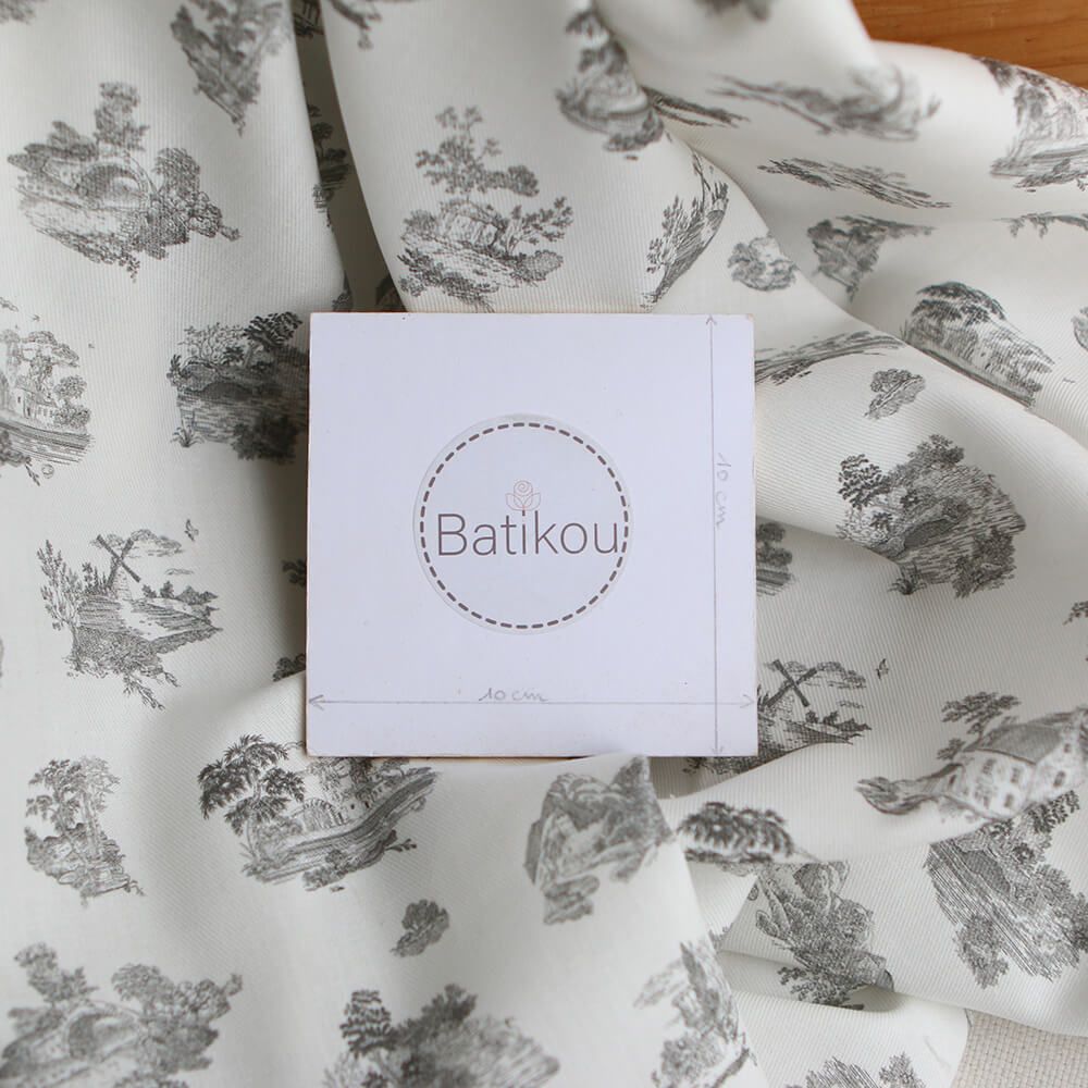 Luce - Tissu sergé / twill de coton organique imprimé toile jouy gris