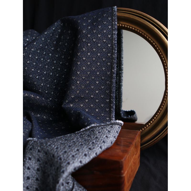 Amour - Tissu Brocart jacquard bleu marine / doré made in France