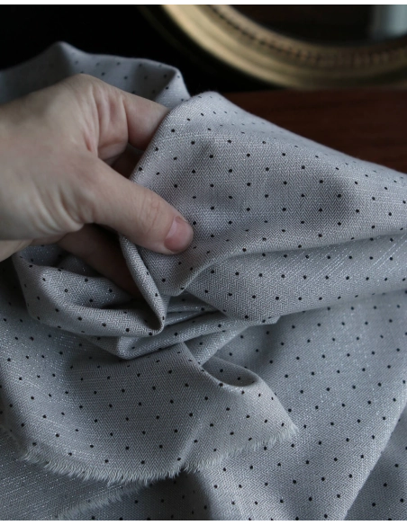 Tissu sergé / twill de coton imprimé pois noir gris et argenté