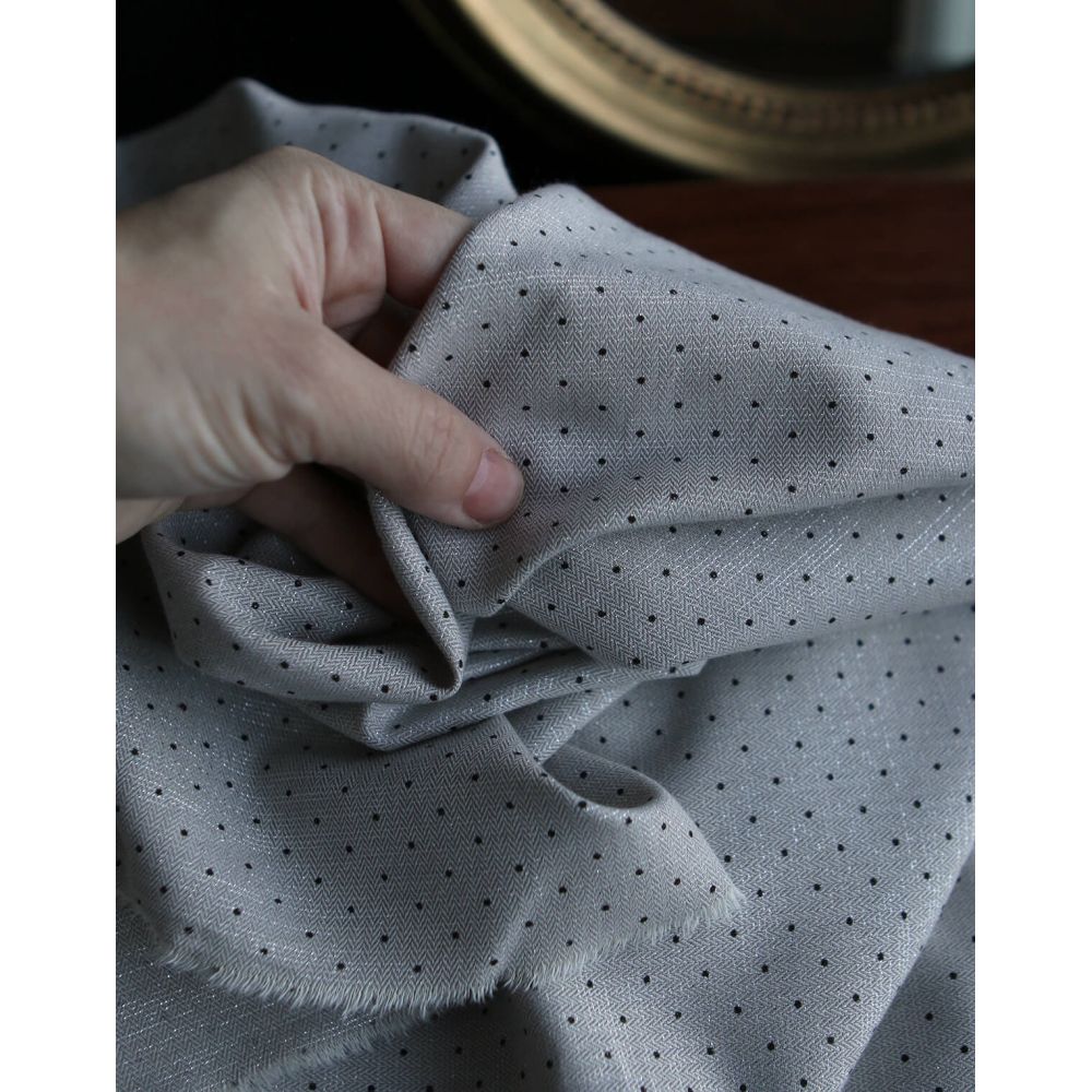 Tissu sergé / twill de coton imprimé pois noir gris et argenté