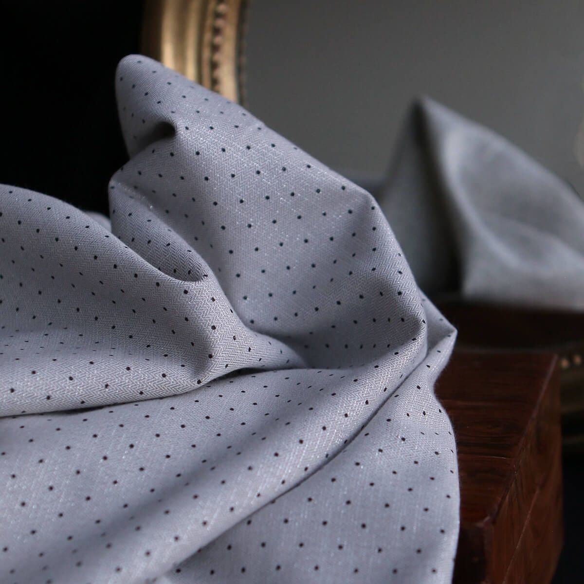 Tissu sergé / twill de coton imprimé pois noir gris et argenté