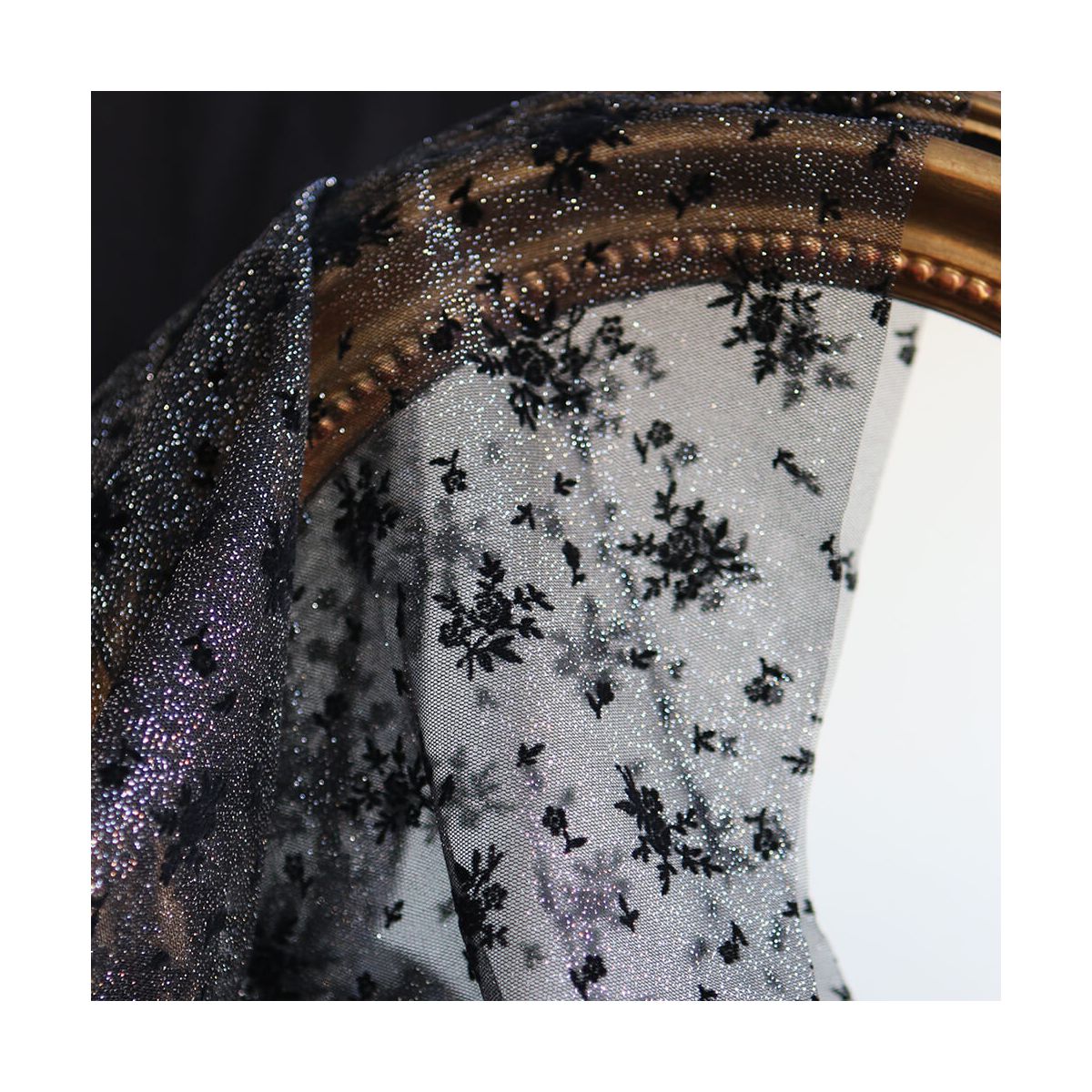 Tulle souple Made in France noir / argenté floqué fleurs velours noir