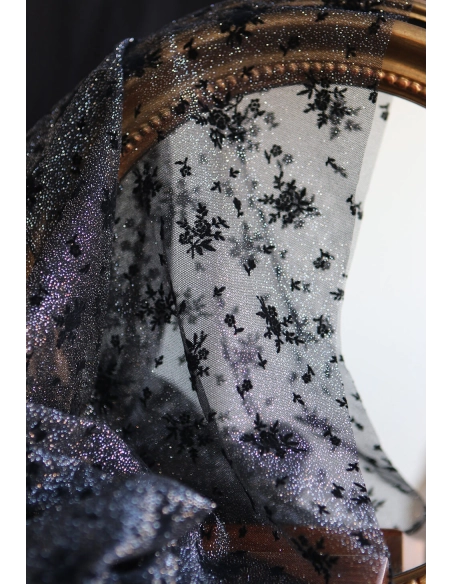 Tulle souple Made in France noir / argenté floqué fleurs velours noir