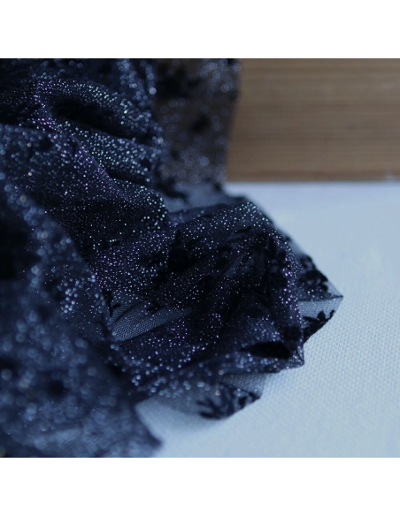 Tulle souple Made in France noir / argenté floqué fleurs velours noir