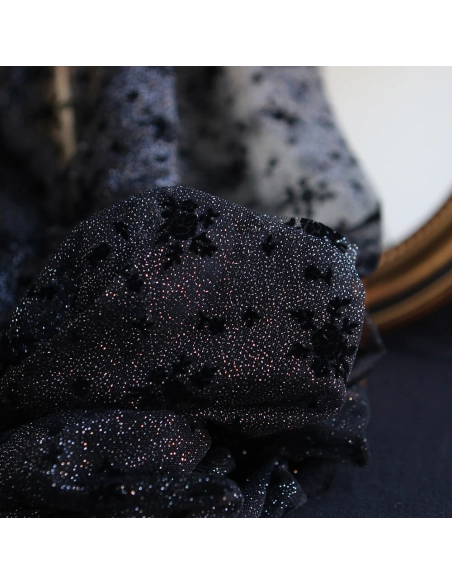 Tulle souple Made in France noir / argenté floqué fleurs velours noir